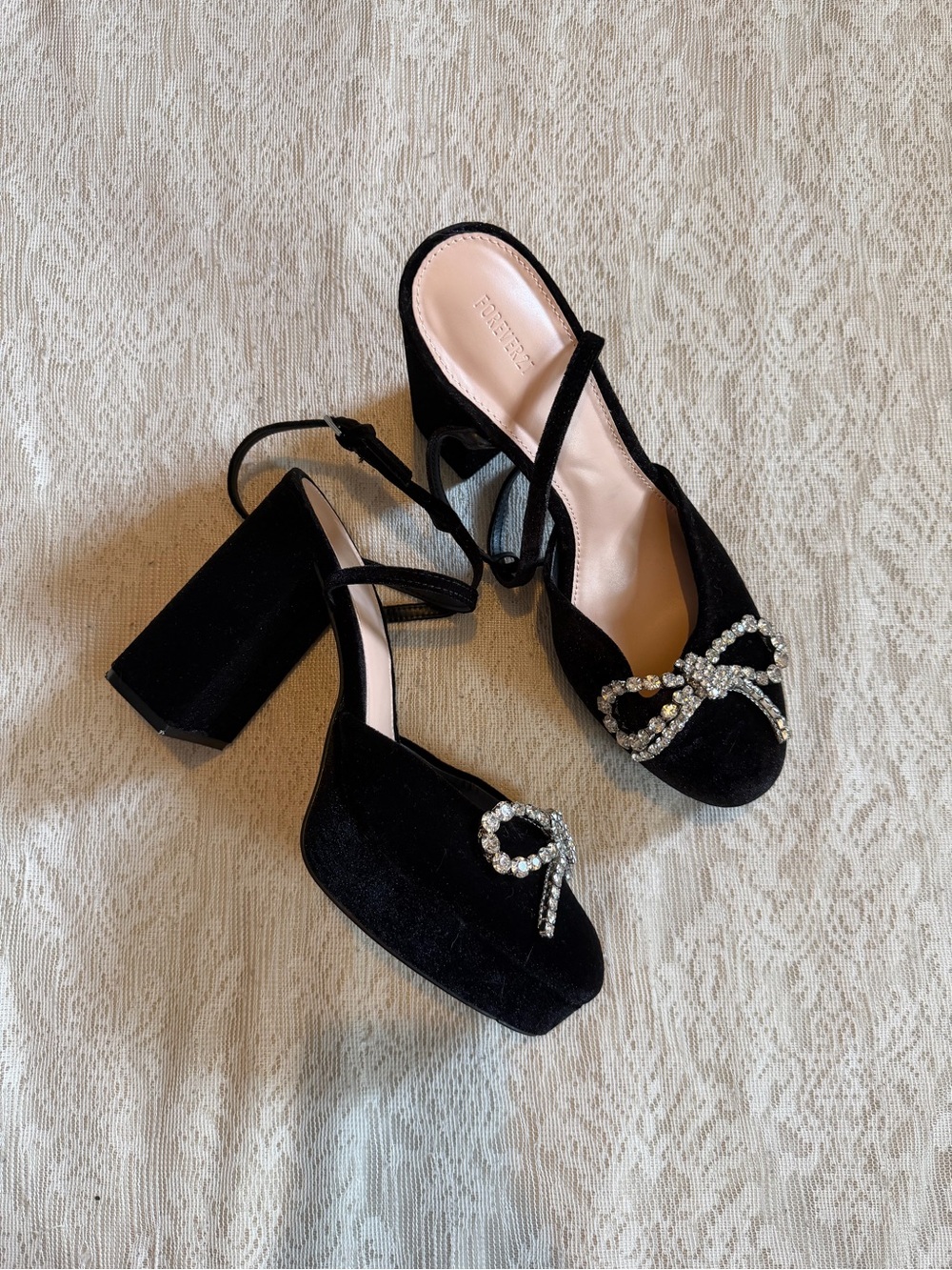 Forever 21 platform velvet block heels with rhinestone bow